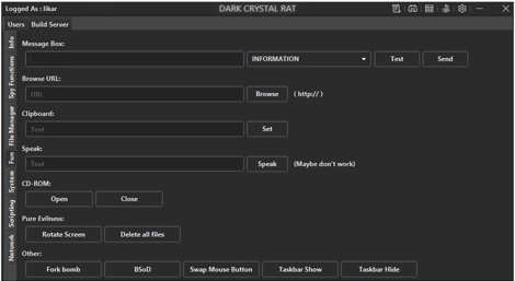 YouTube のデモンストレーションでは、リバース エンジニアリングで見つかった多くの Dark Crystal RAT 機能が確認されました。