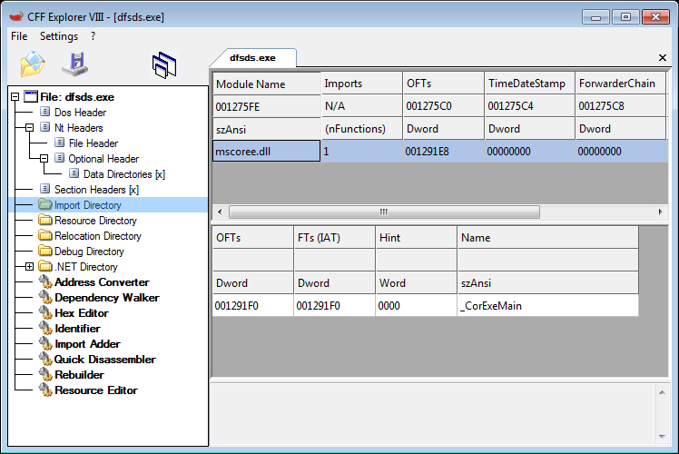 The import table for dfsds.exe is not useful as it contains only one function