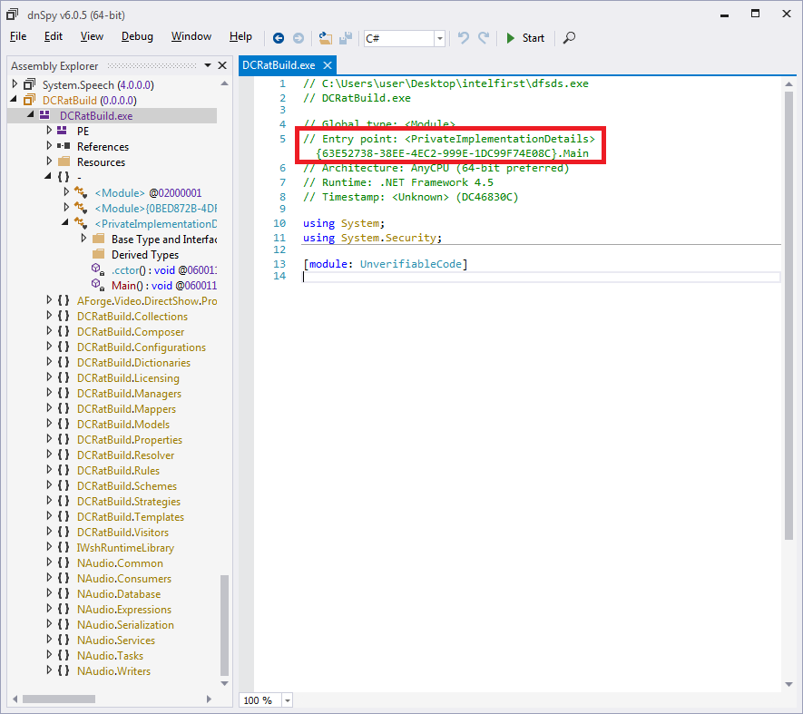 dnSpy can help us locate the sample's entry point