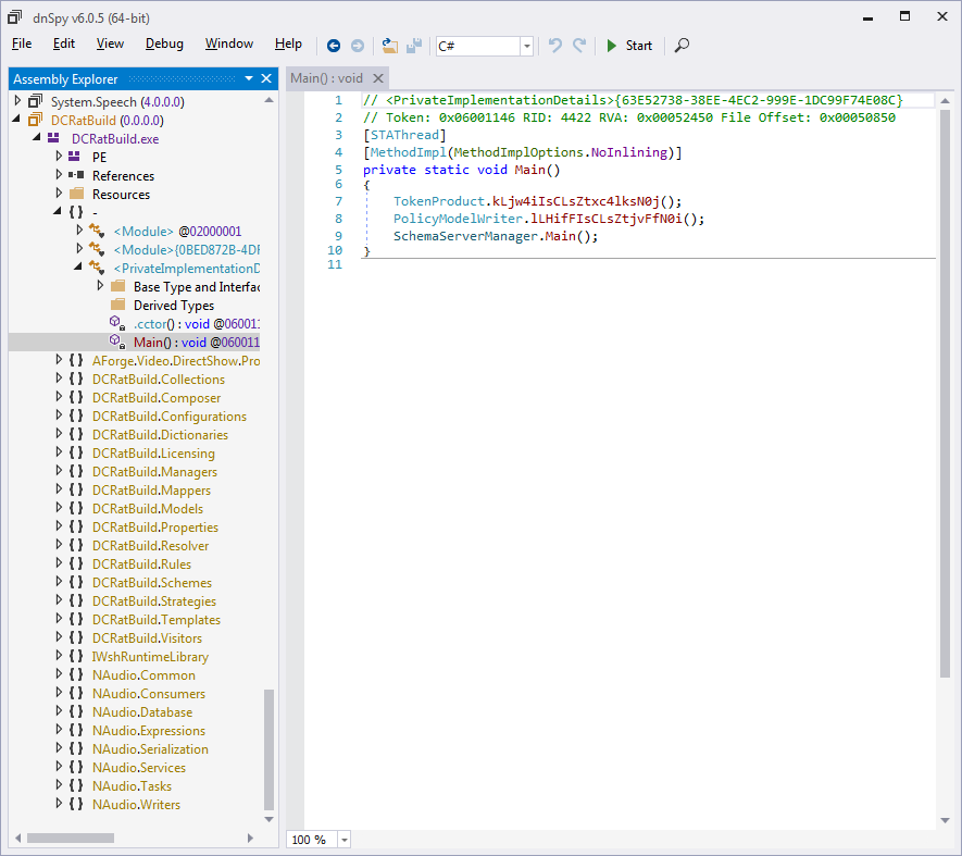 dnSpy decompiles the Main method into C#-like code