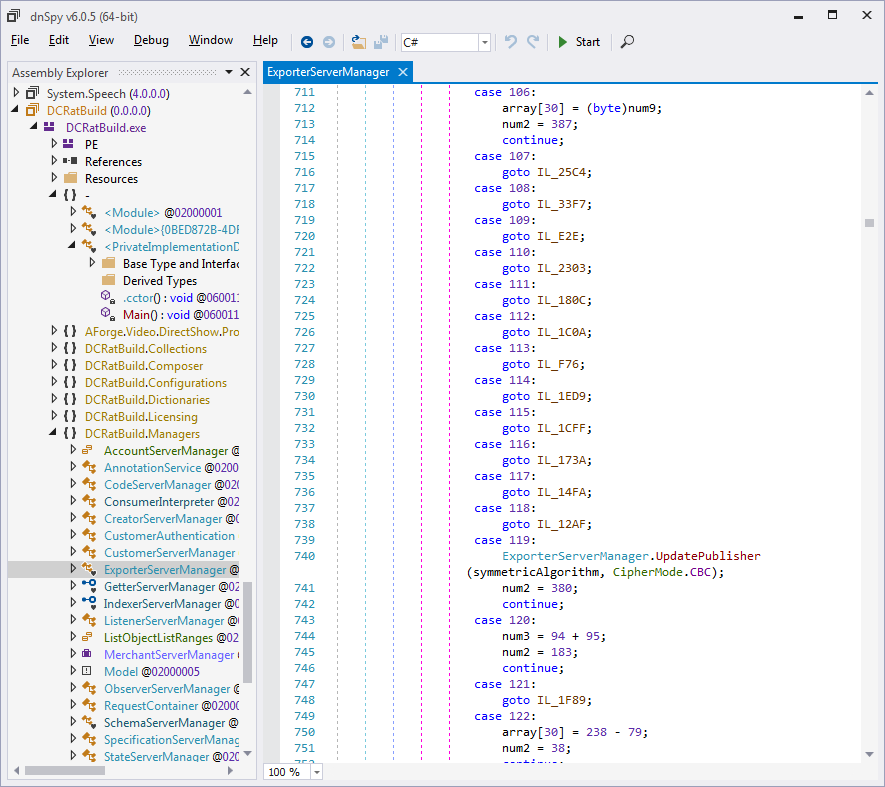 ExporterServerManager.InstantiateIndexer looks like it may be a deobfuscation routine