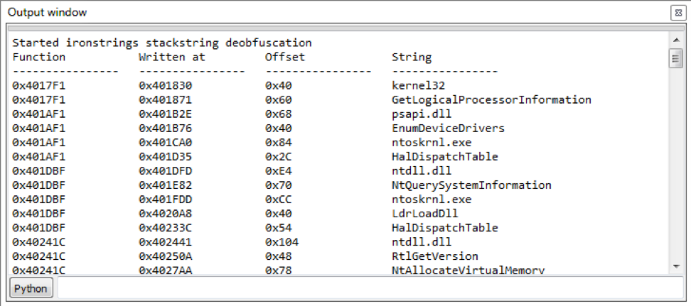 Deobfuscated stackstrings and locations where they were identified