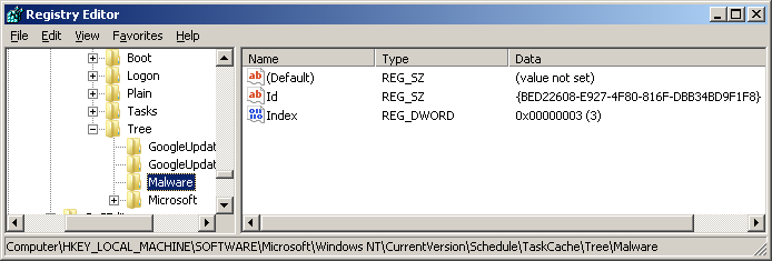 A registry entry created by the task scheduler