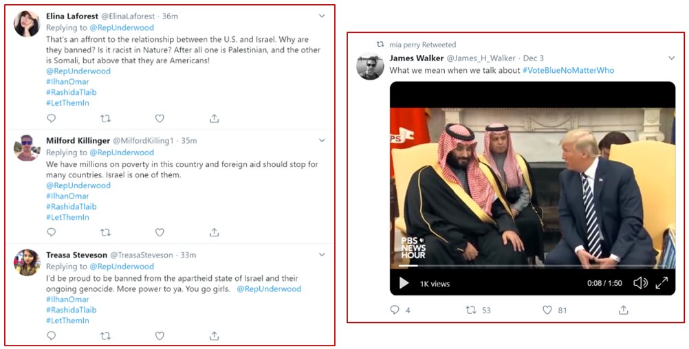 Twitter accounts in the Distinguished Impersonator network posting anti-Israeli, anti-Saudi, and anti-Trump content