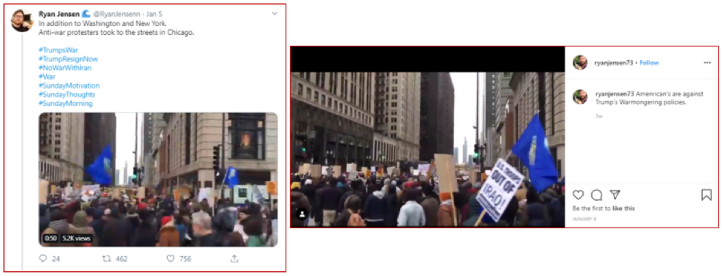カセム・ソレイマニの殺害を受けて、米国での反戦抗議行動のビデオクリップを拡散する「ライアン・ジェンセン」ペルソナによる Twitter および Instagram への投稿