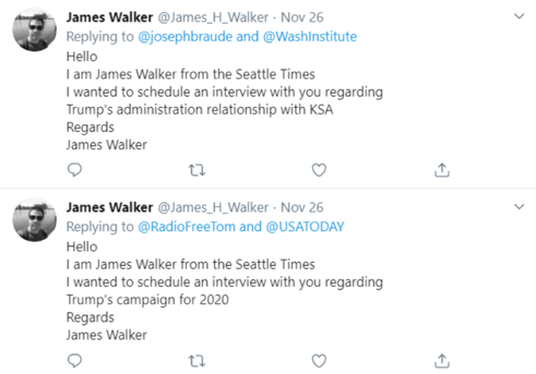 「ジェームズ・ウォーカー」のペルソナは、Twitter で学者やジャーナリストから公然とインタビューを募っています。