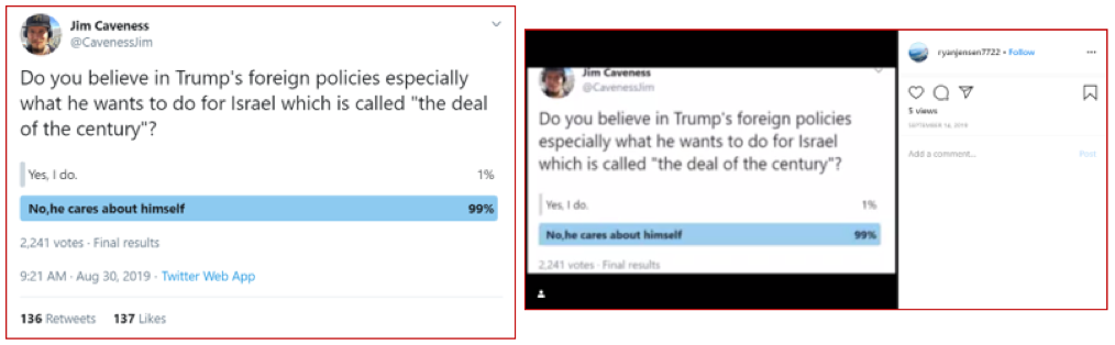 Twitter account @CavenessJim posts Twitter poll (left); Instagram account @ryanjensen7722 posts video highlighting @CavenessJim's Twitter poll (right)