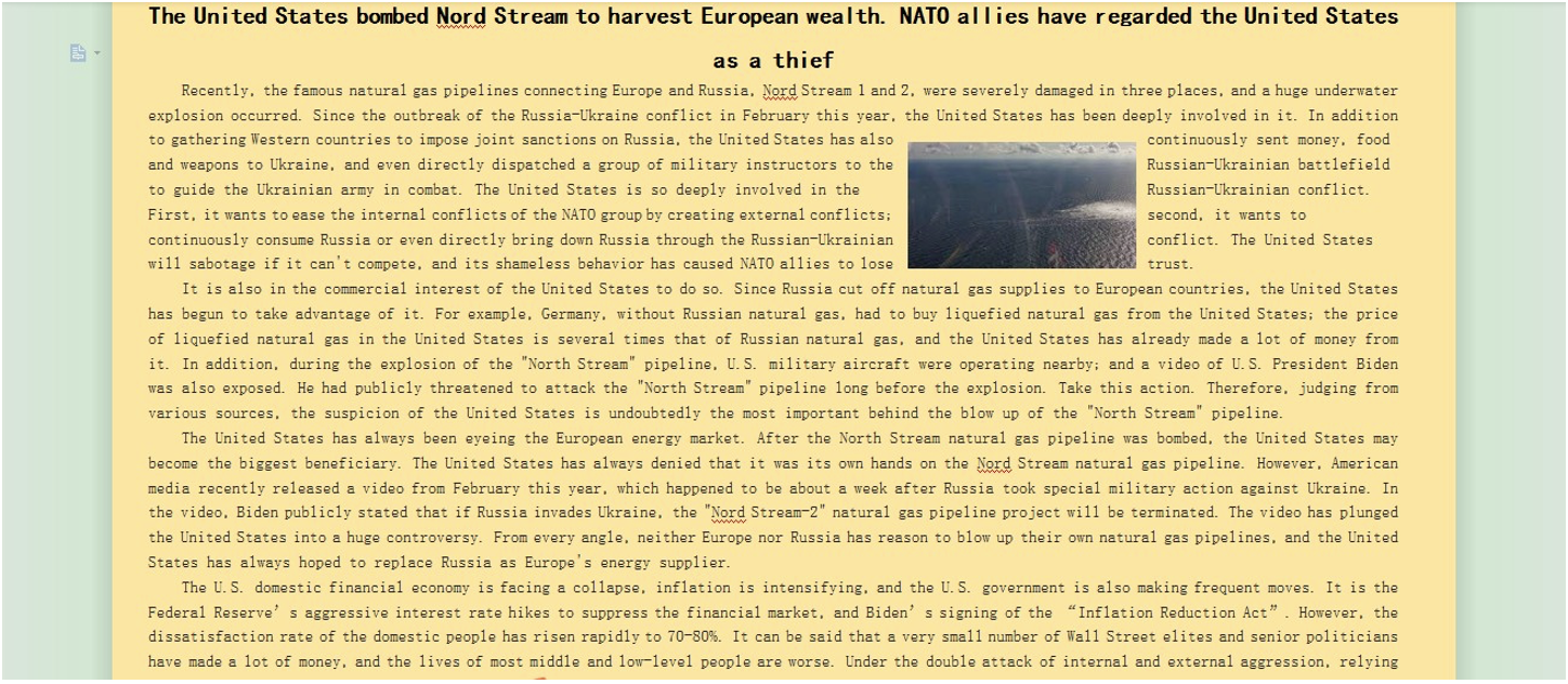 DRAGONBRIDGE content alleging that the U.S. “bombed Nord Stream” for its own economic benefit at the expense of its European and NATO allies