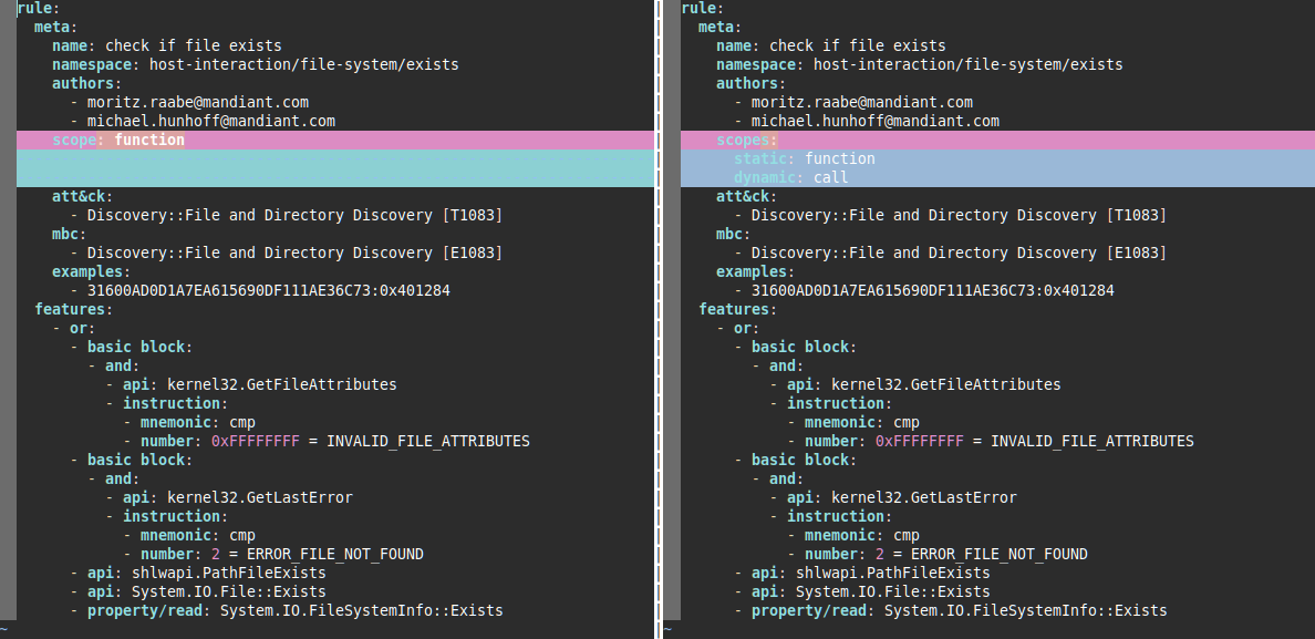 example of an update from legacy (left) to the new capa (v7.0) rule format (right)