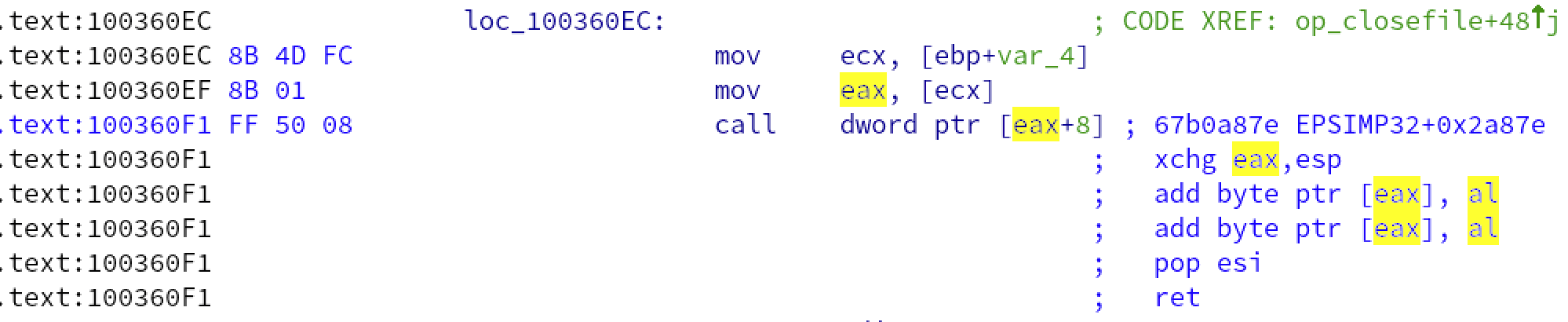 closefile の Stack Pivot 逆アセンブラ