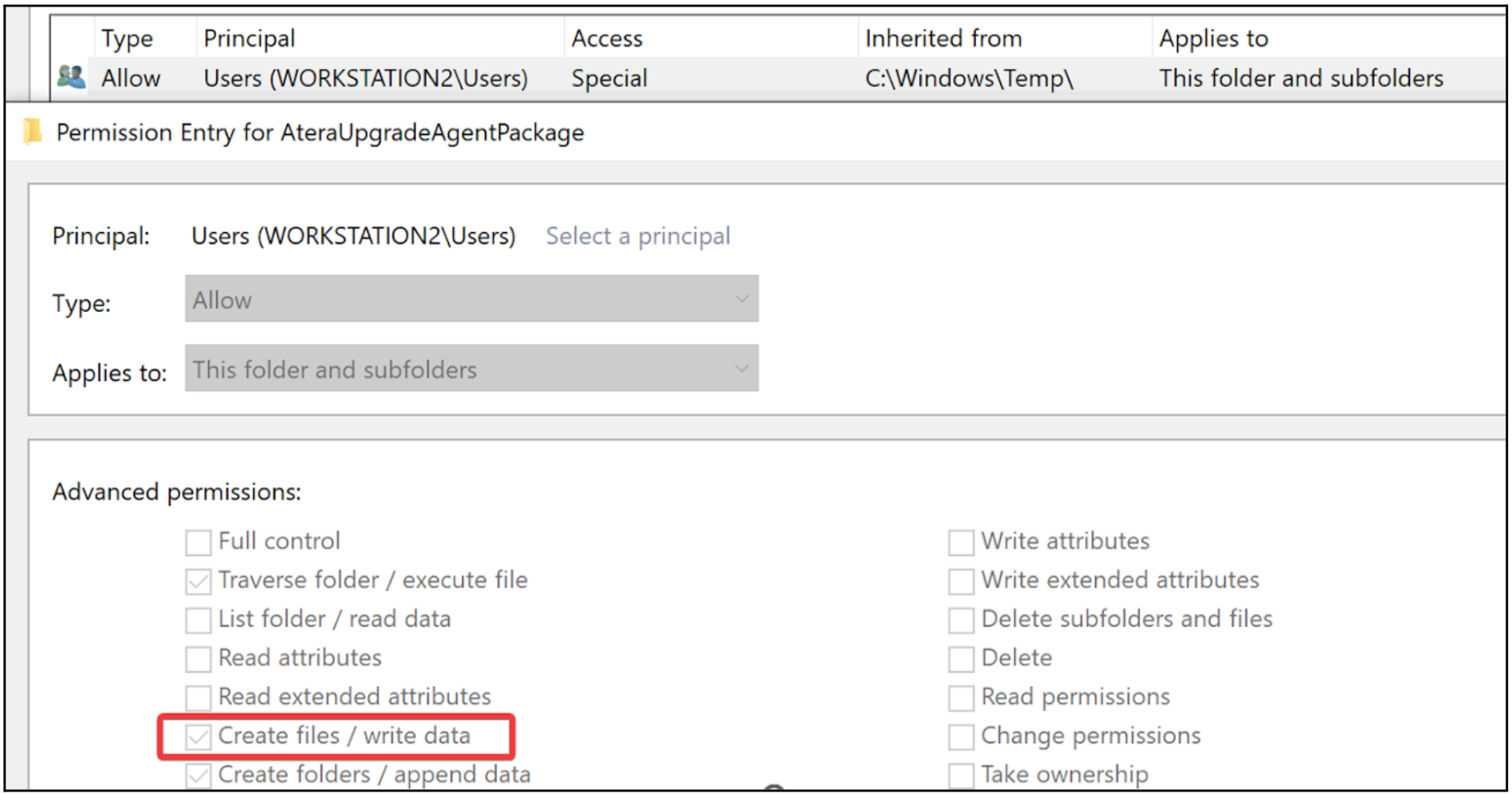 AteraUpgradeAgentPackage folder permissions