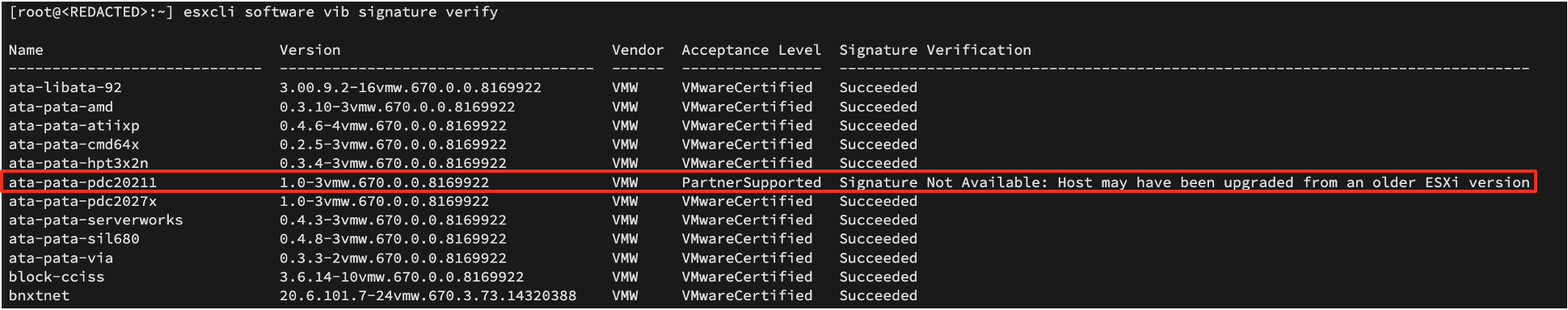 esxcli ソフトウェア vib 署名検証で偽造された VIB 許容レベルが見られる例