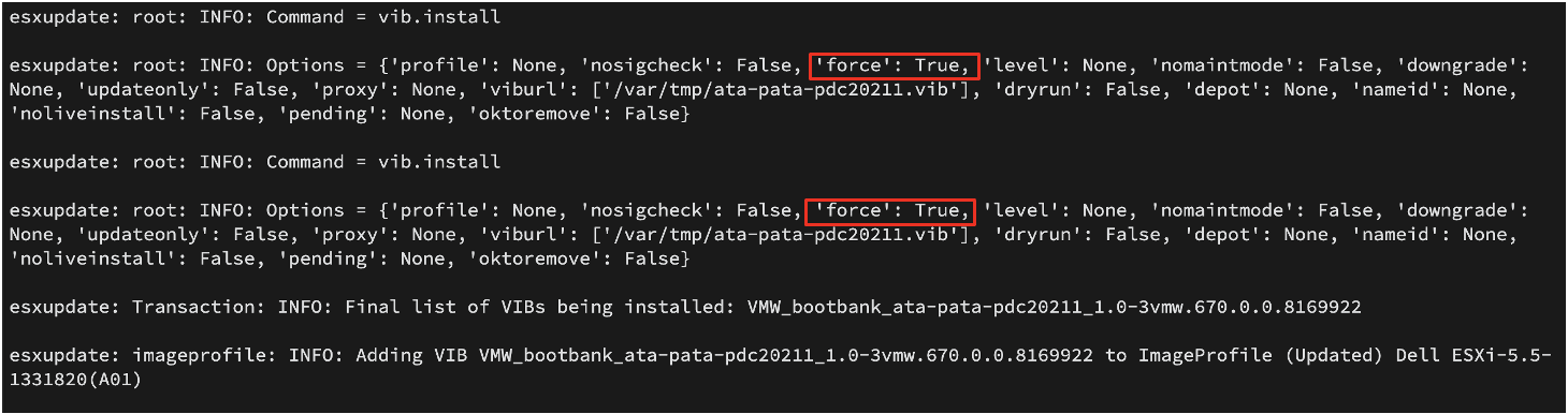VIB Installation with force flag in esxupdate.log