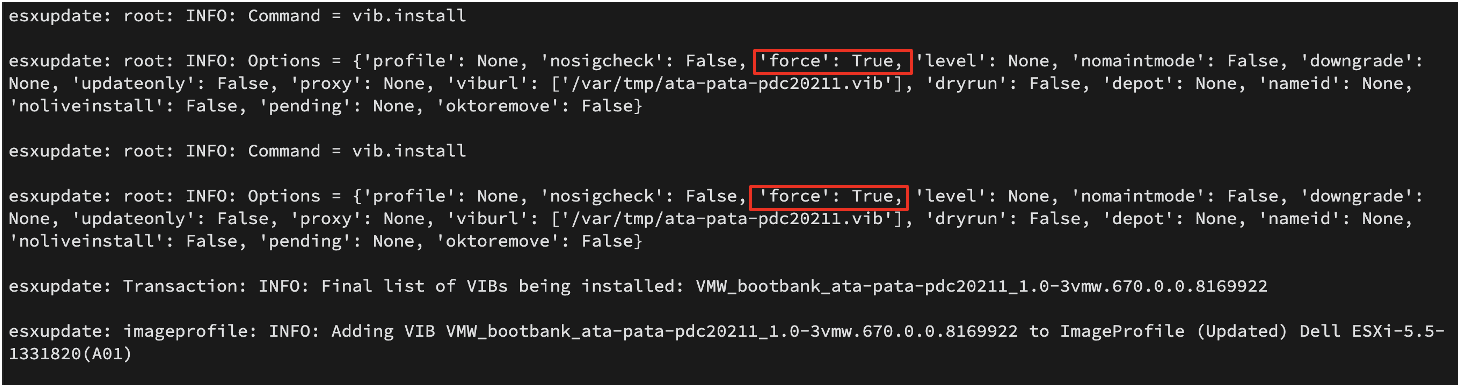 esxupdate.log の強制フラグを使用した VIB インストール
