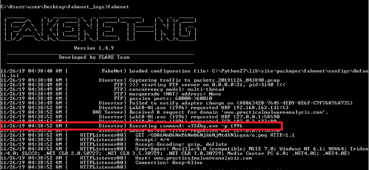 Fakenet-NG executes x32dbg upon connection to practicalmalwareanalysis.com