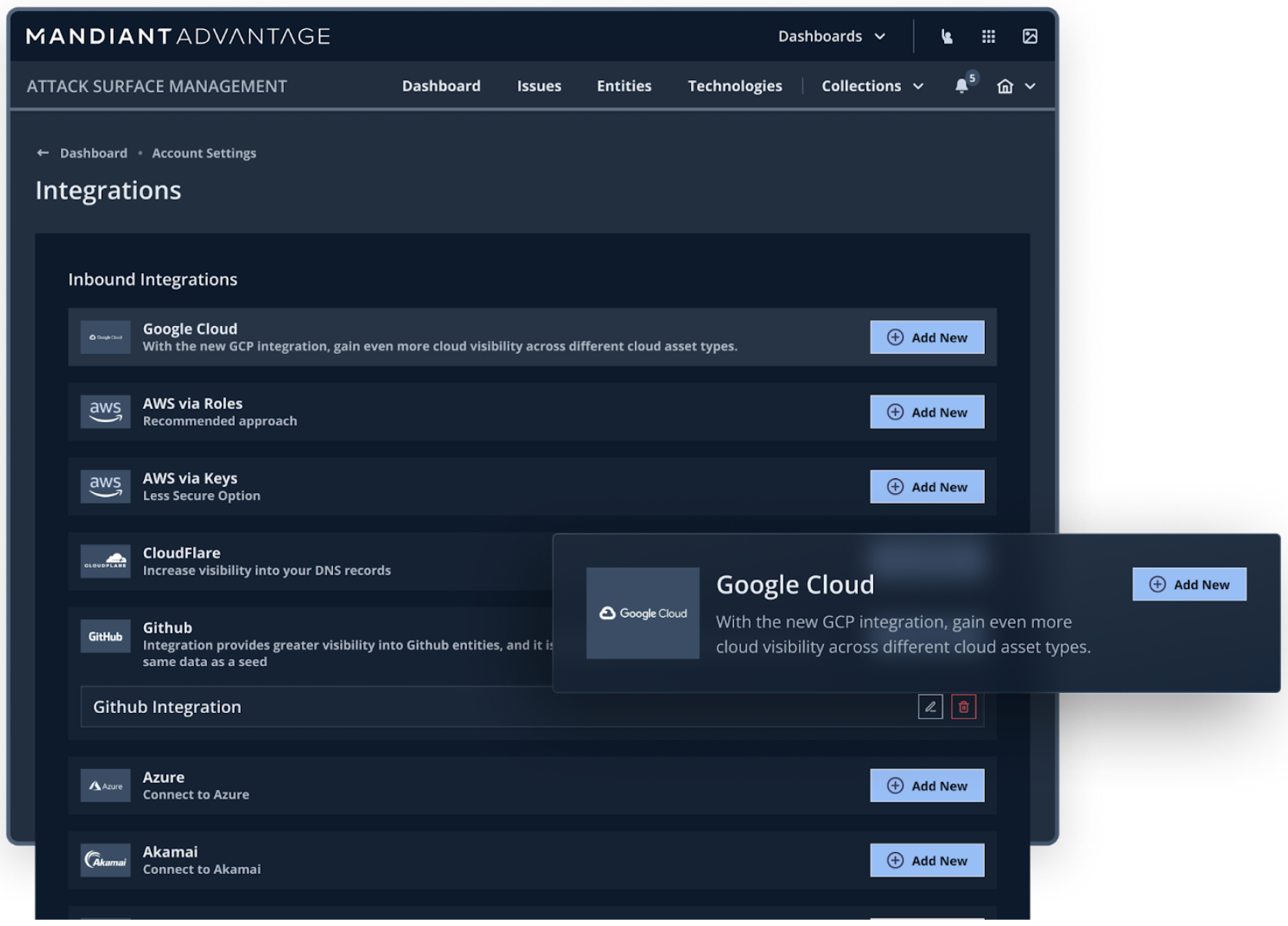 Attack Surface Management account administrators can integrate with their infrastructure through the UI