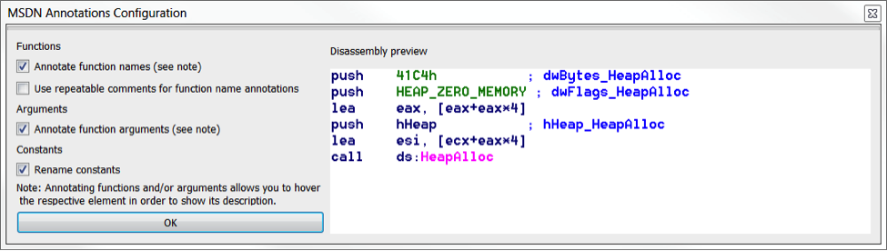 The plug-in’s configuration window showing the default settings