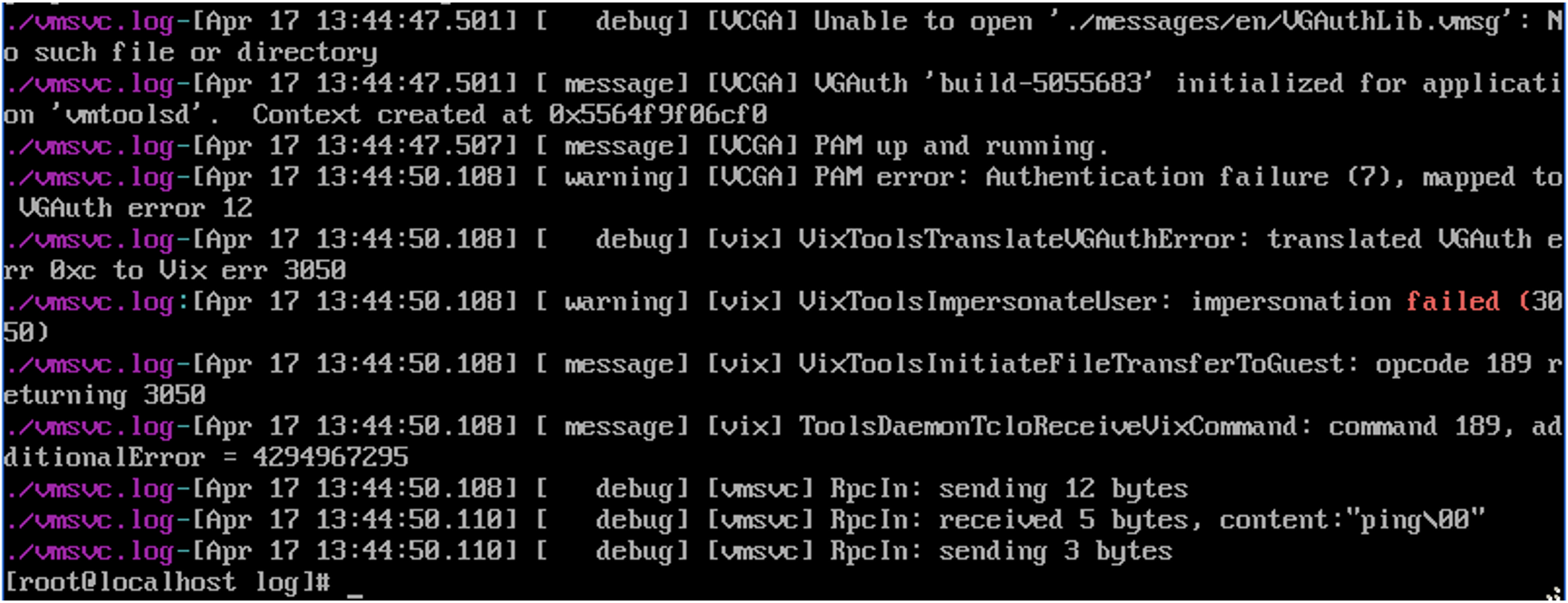 Linux failed authentication vmsvc.log