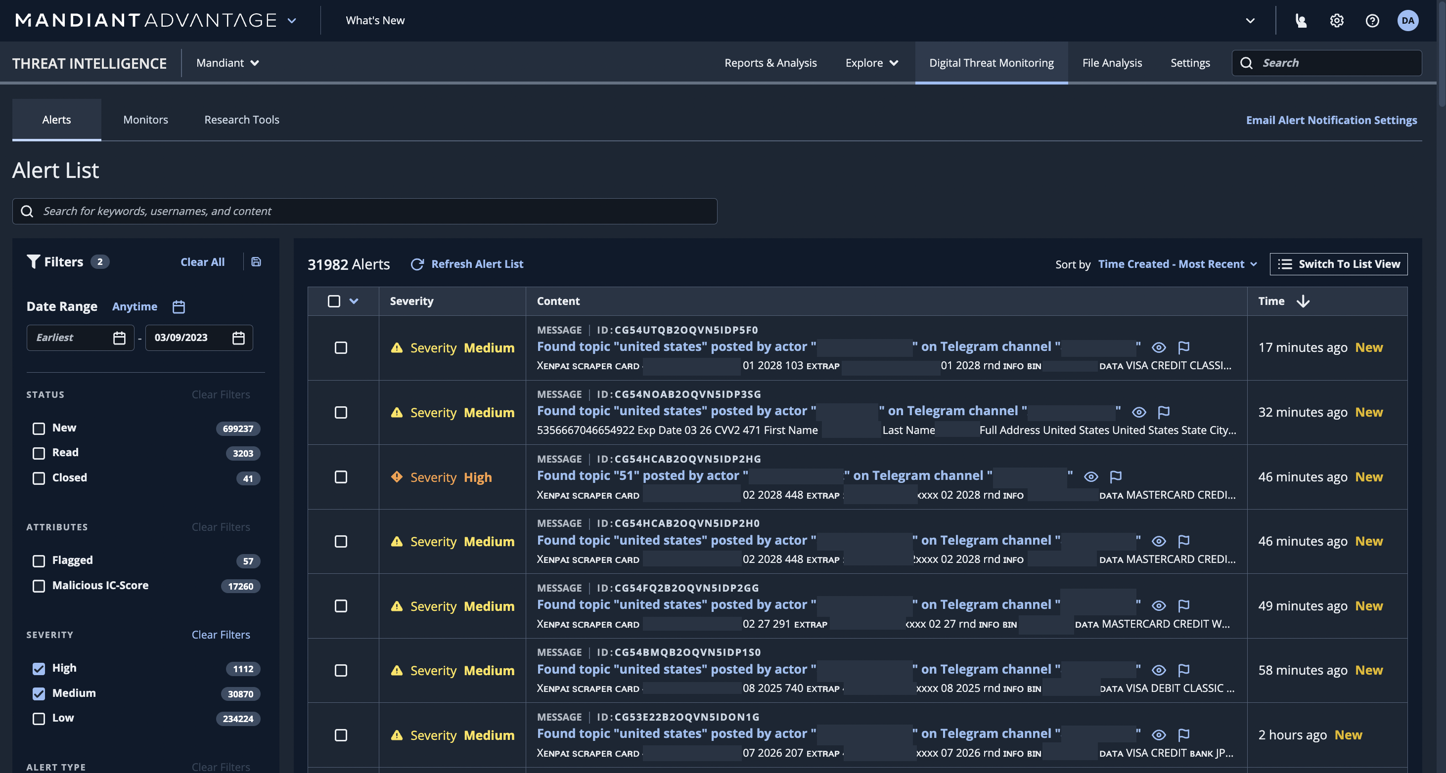An example alert list view for a DTM user displaying a new color-coded Severity column