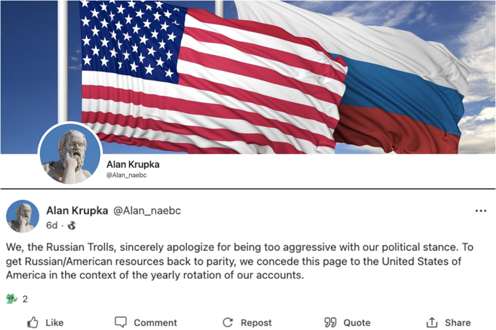 Example of changes made to an NAEBC persona account following the election, including a banner with a Russian flag (top) and a post pinned to the account’s feed suggesting it is a “Russian troll” account (bottom)