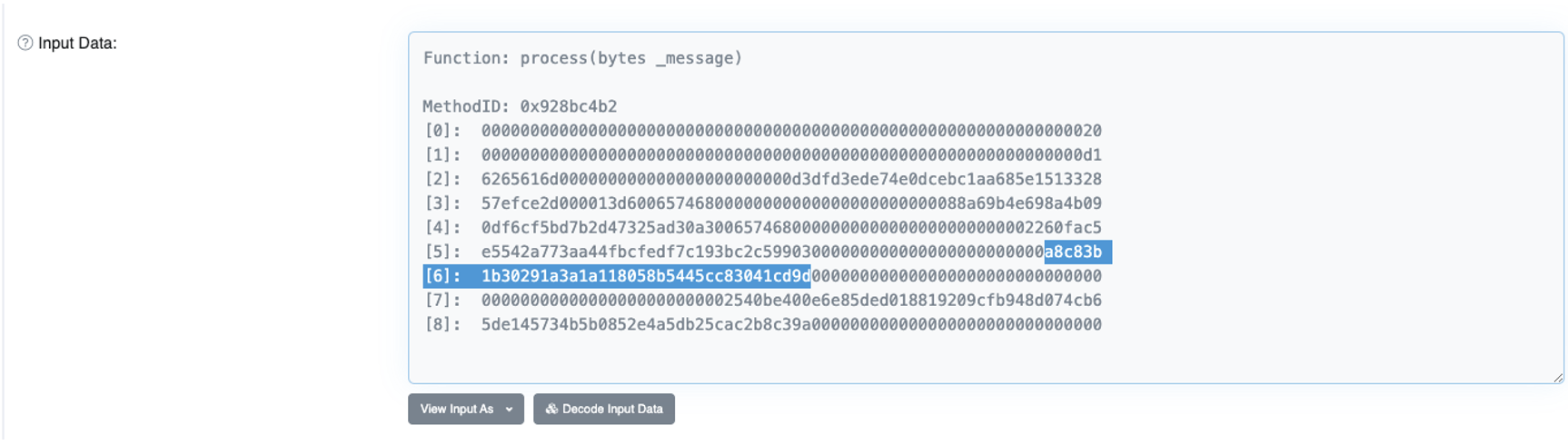 Input data found in exploitive transaction with recipient address highlighted