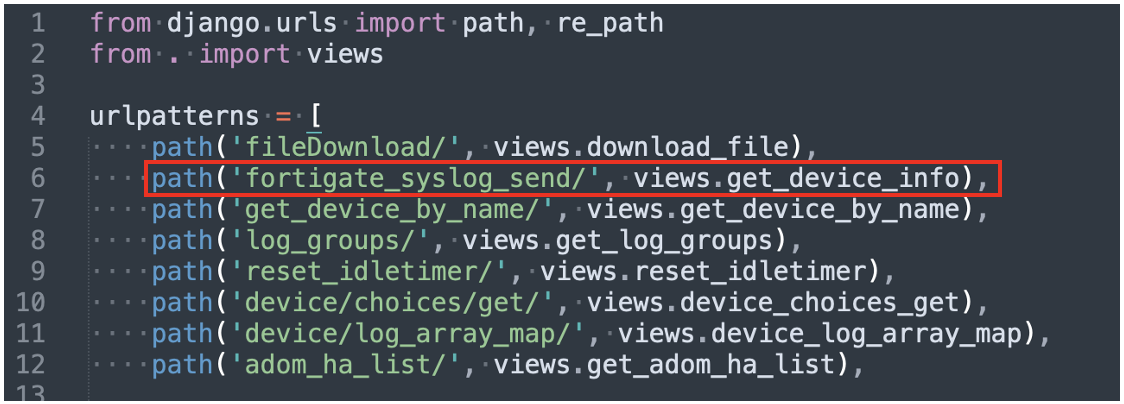 FortiAnalyzer variant of urls.py: fortigate_syslog_send