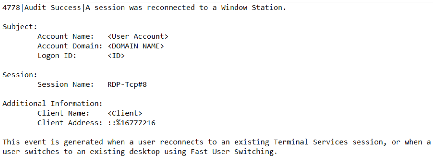 RDP Tunnel session retrieved from the Windows Event Logs on the compromised VM