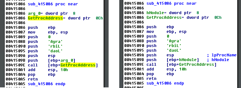 GetProcAddress indirect call, before and after StructTyper runs