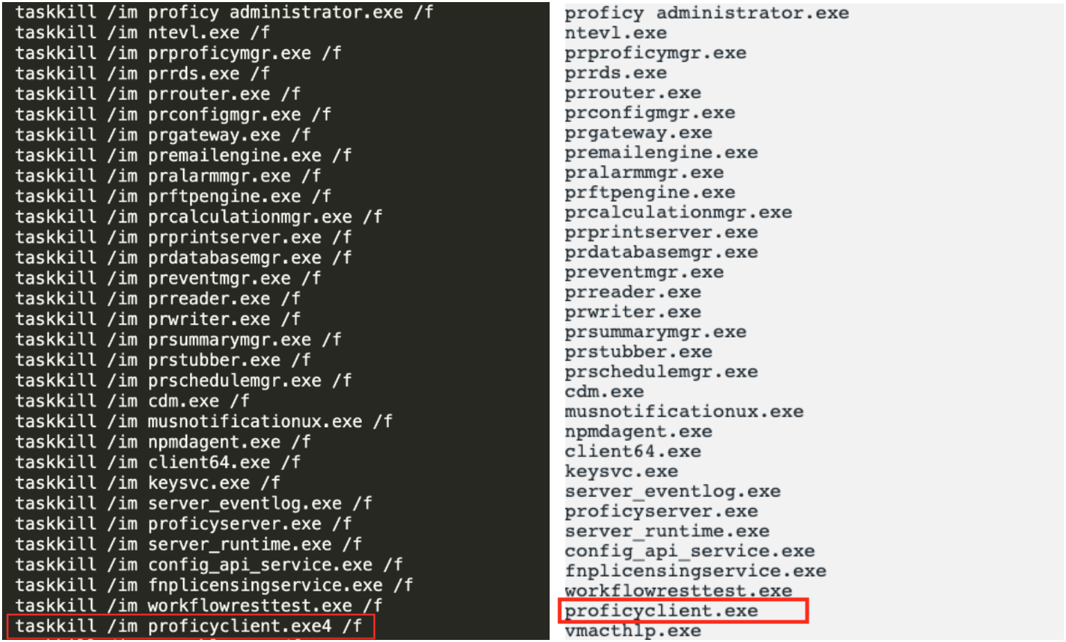 Snippets from “kill.bat” deployed alongside LockerGoga (L) and MegaCortex process kill list (R)