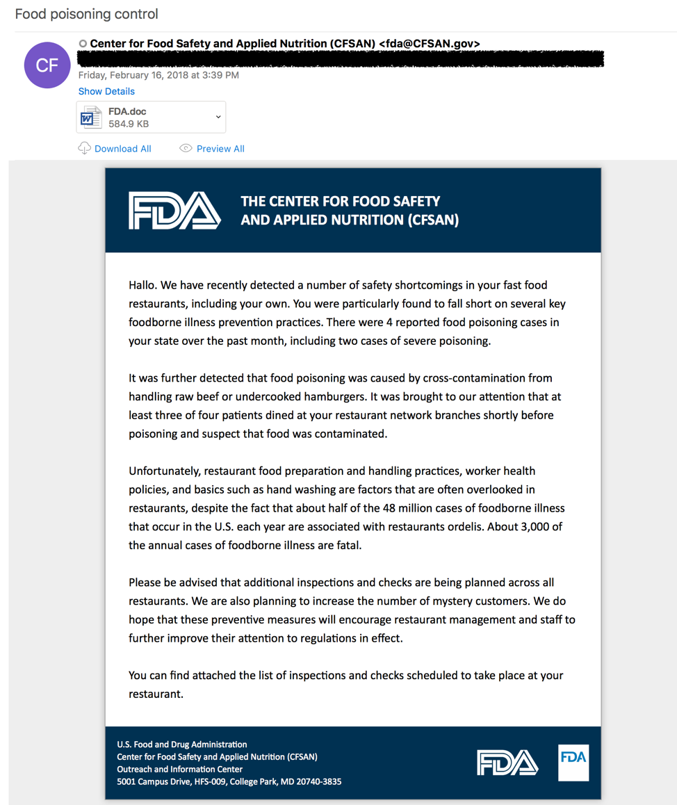 FDA themed spear phishing email