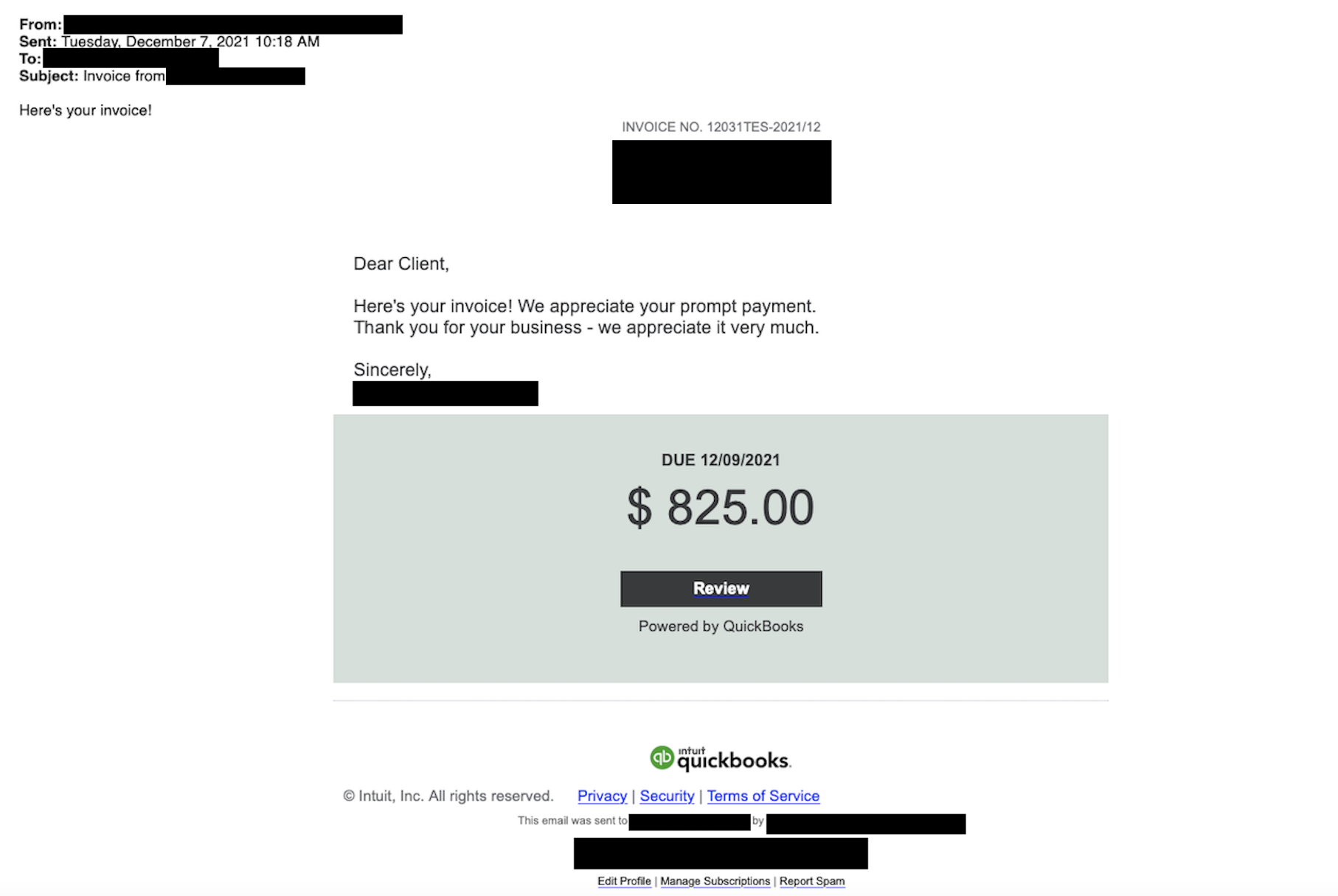 UNC3381 Quickbooks-themed phishing email