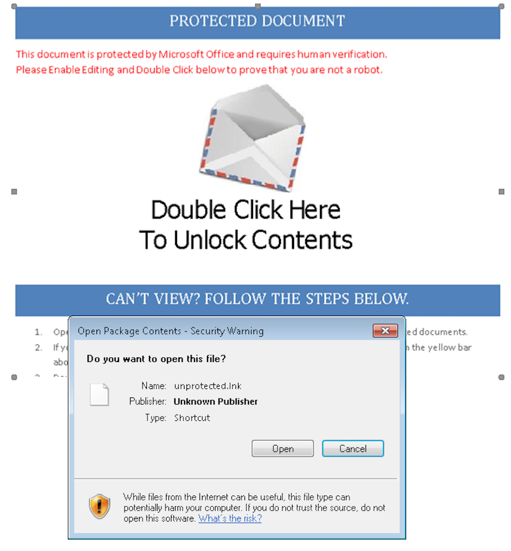 Malicious FIN7 lure asking victim to double click to unlock contents