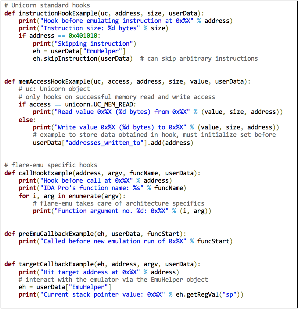 flare-emu example hook implementations