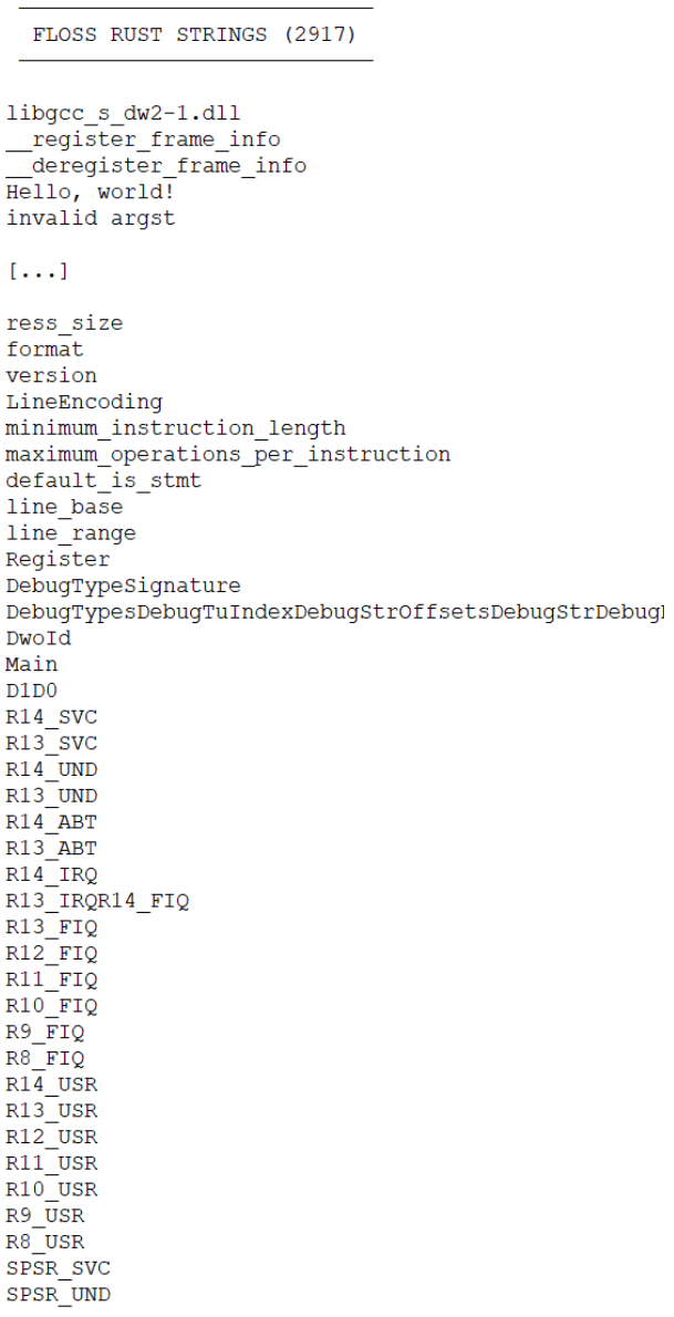 FLOSS output showing extracted Rust strings