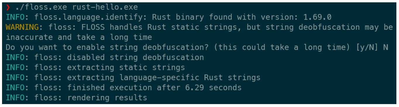 Running FLOSS to extract strings from a Rust executable