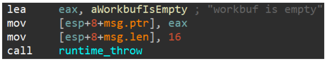 Disassembled instructions to create a Go String at run-time using the string address and length