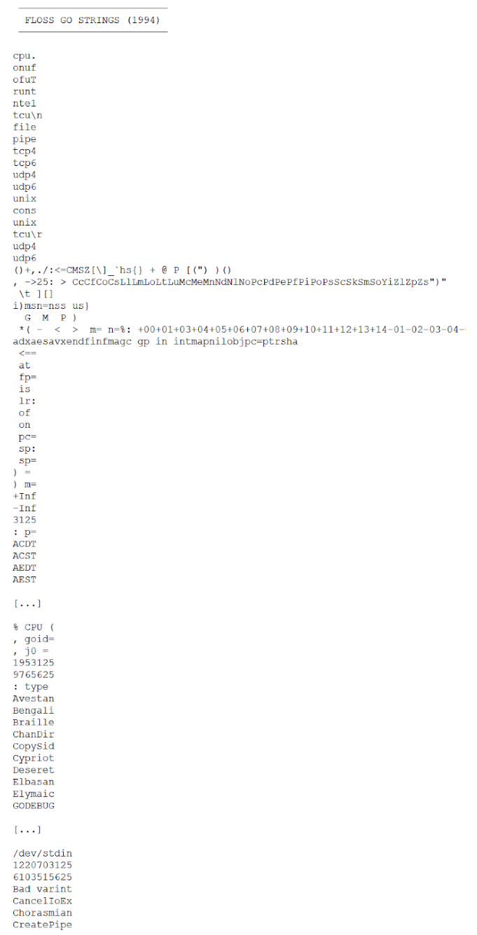 FLOSS output showing extracted Go strings