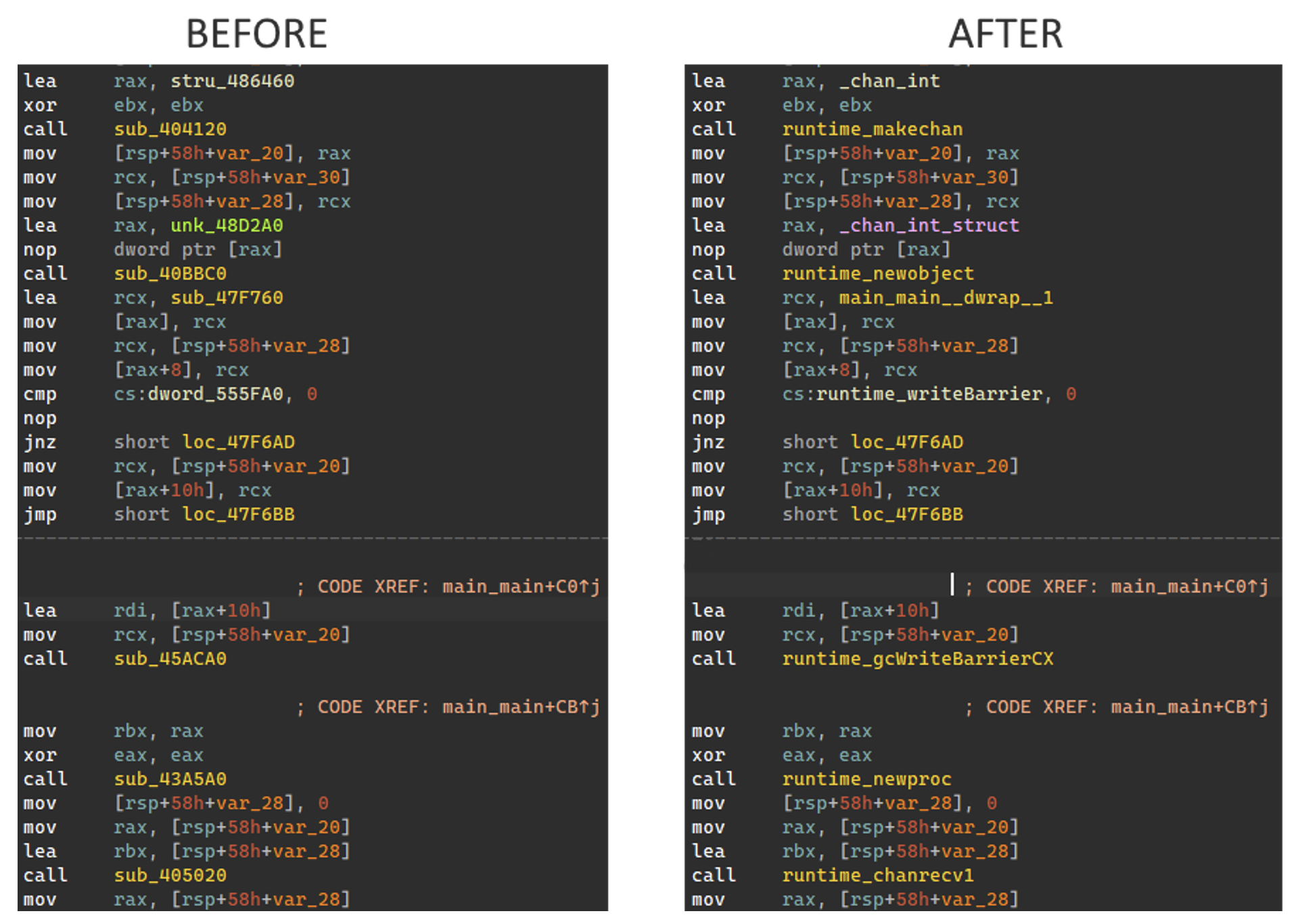 Stripped Go binary vs. symbols recovered by GoReSym