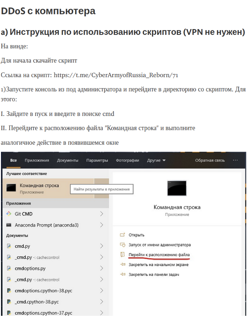 メンバーに提供された、Windows で DDOS スクリプトを実行するための手順例のスクリーンショット