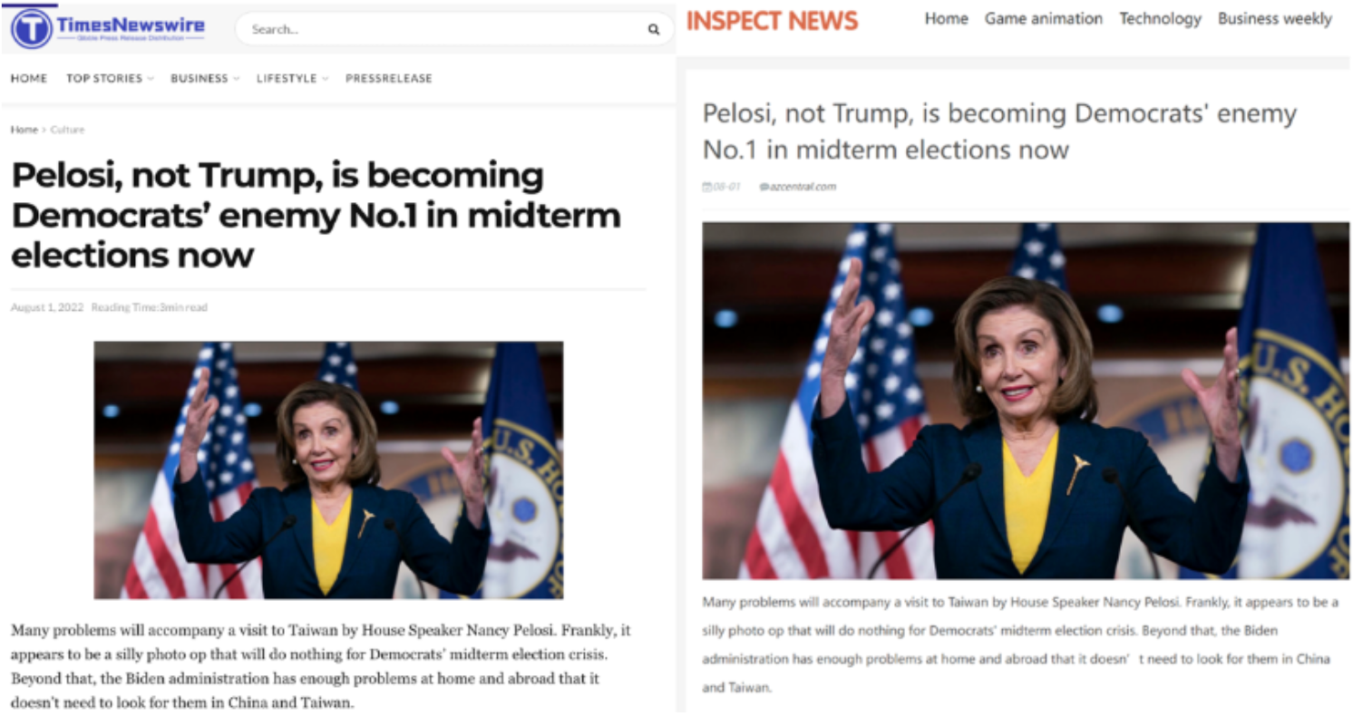 Times Newswire (left) and a HaiEnergy website (right) posted identical articles on the same day