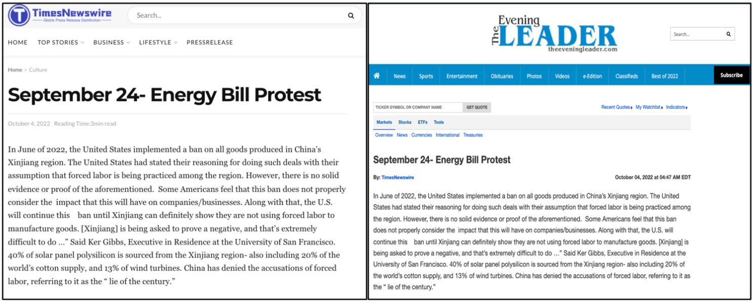 Times Newswire (left) posts article concerning "September 24" protest in Washington, D.C.; one of the 32 subdomains (right) of U.S. news outlets promotes identical article and cites Times Newswire as source