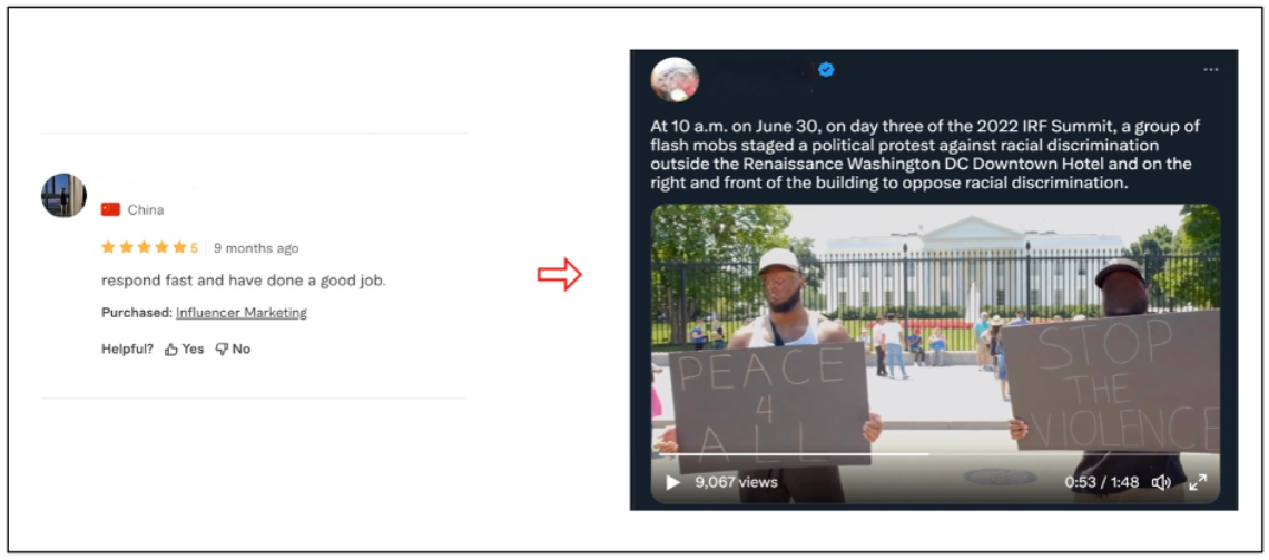 Haixun Fiverr account (redacted) leaves review on freelancer’s Fiverr page (left); post on the freelancer’s Twitter account promoting the IRF Summit protest video (right)