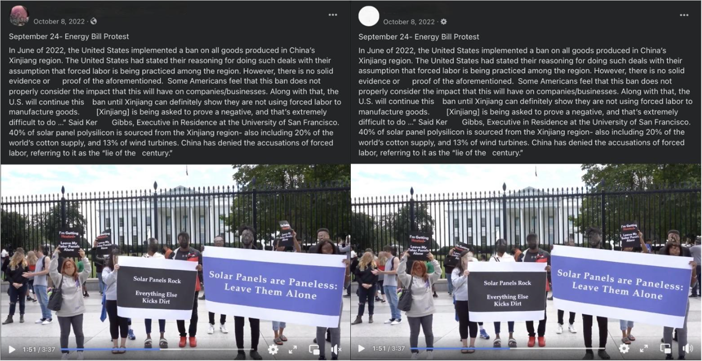 Previously identified social media accounts leveraged as part of the HaiEnergy campaign promote identical text from Times Newswire article and video of protest in Washington, D.C.