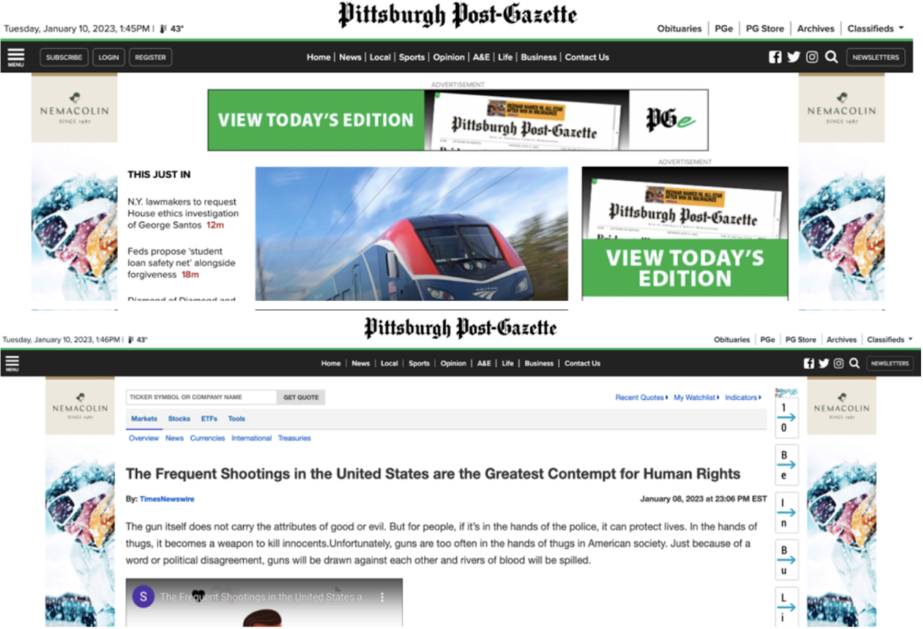 Screen capture from second-level domain of Pittsburgh Post-Gazette "post-gazette.com" (top); subdomain "markets.post-gazette.com" (bottom) displays content intended to masquerade as content on post-gazette.com, cites Times Newswire as source