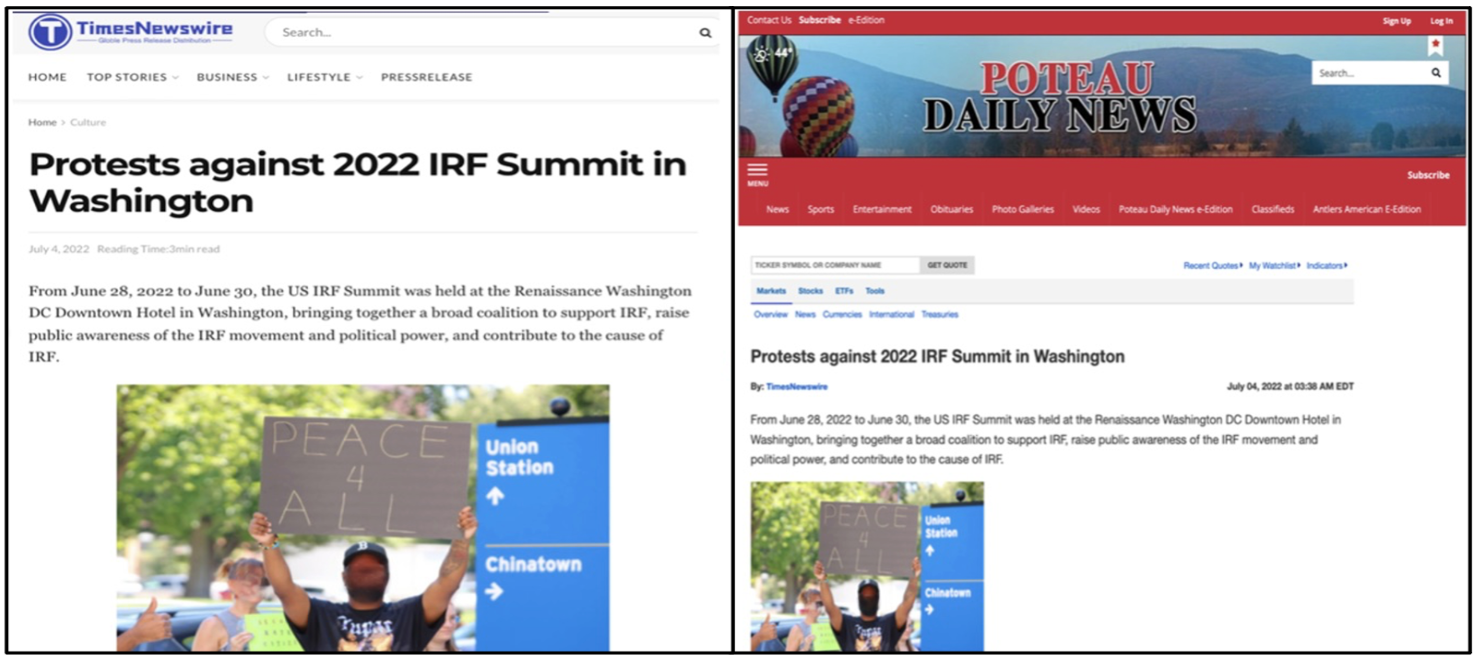 Times Newswire promotes article on IRF Summit protest (left); subdomain of U.S. news outlet promotes same article and cites Times Newswire as source (right)