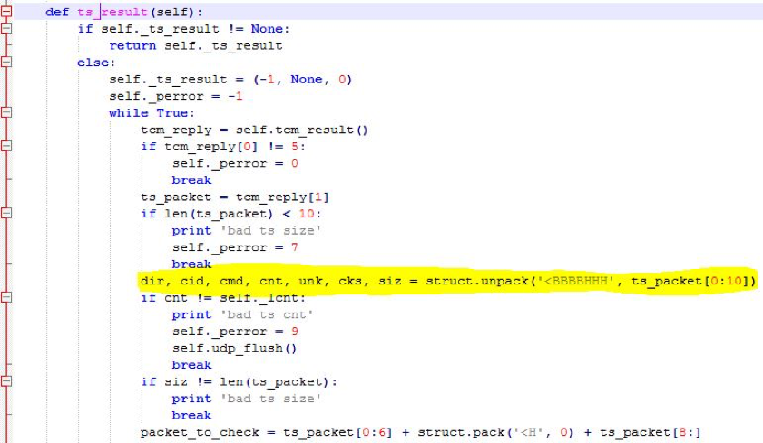 ts_result with ts_packet header variables highlighted