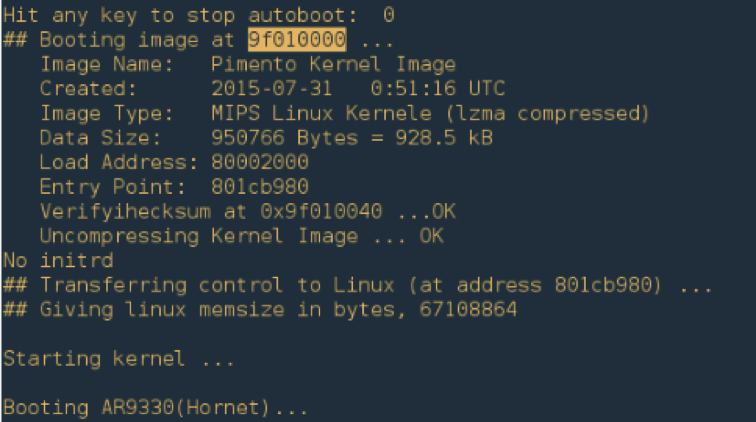 Initial boot log output from UART interface